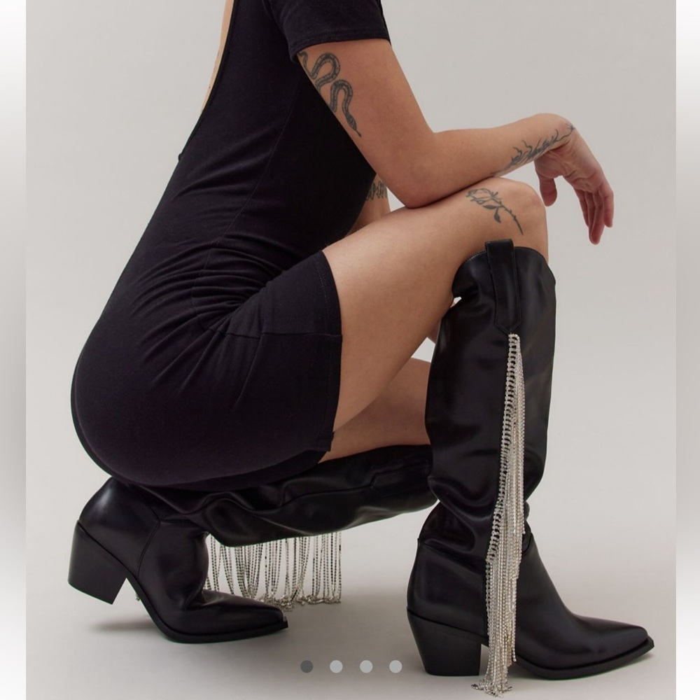 Urban Outfitters Azalea Wang Black Heeled cowboy Boots with Rhinestone fringe